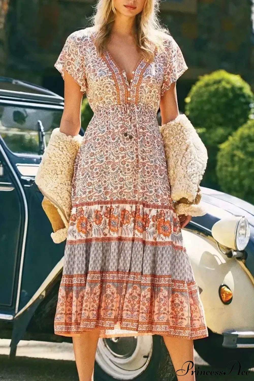 Drawstring Waist Midi Dress Vintage Floral Cotton Casual Summer Dress