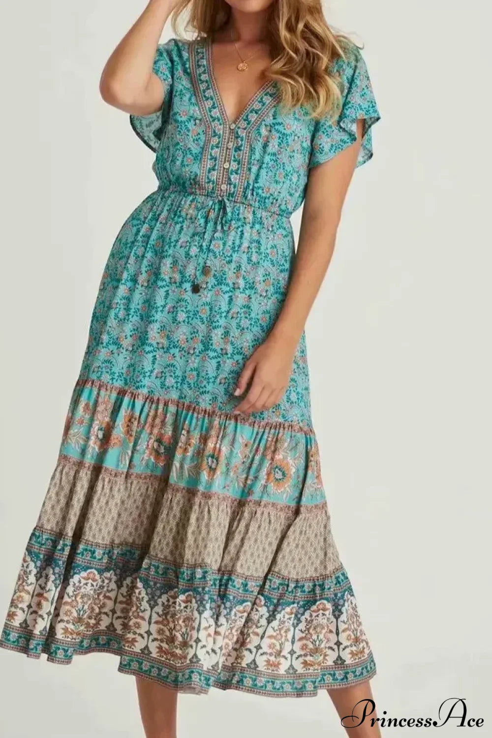 Drawstring Waist Midi Dress Vintage Floral Cotton Casual Summer Dress Green / S bohodress-250126