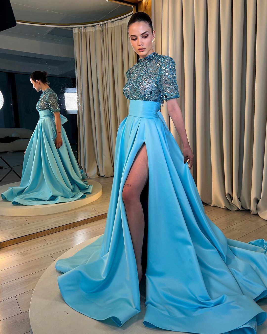 Elegant & Luxurious Sparkly Half sleeves A-Line High Split Beaded Evening Party Prom Dress