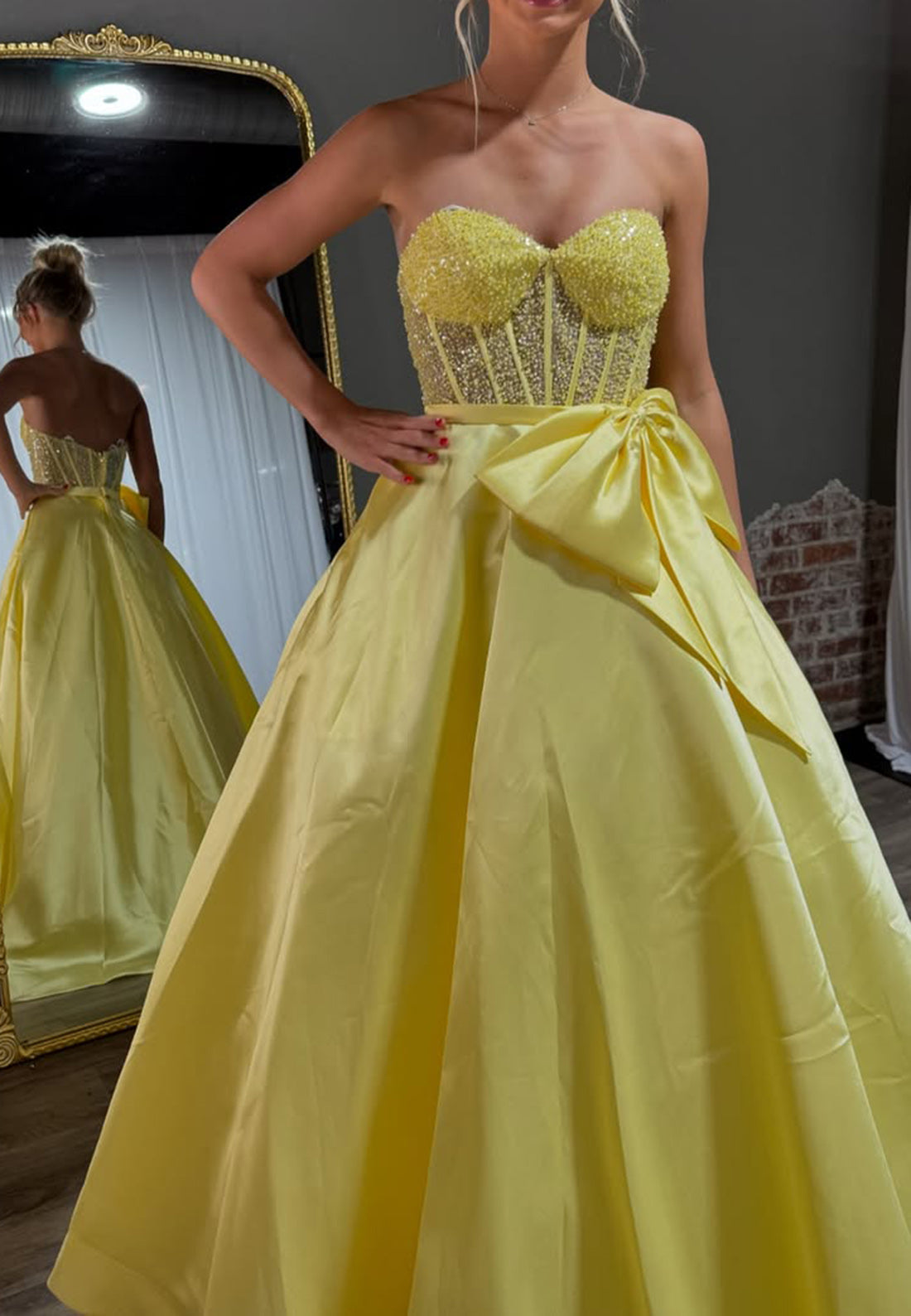 A Line Sweetheart Cute Bow Yellow Long Prom Party Dress