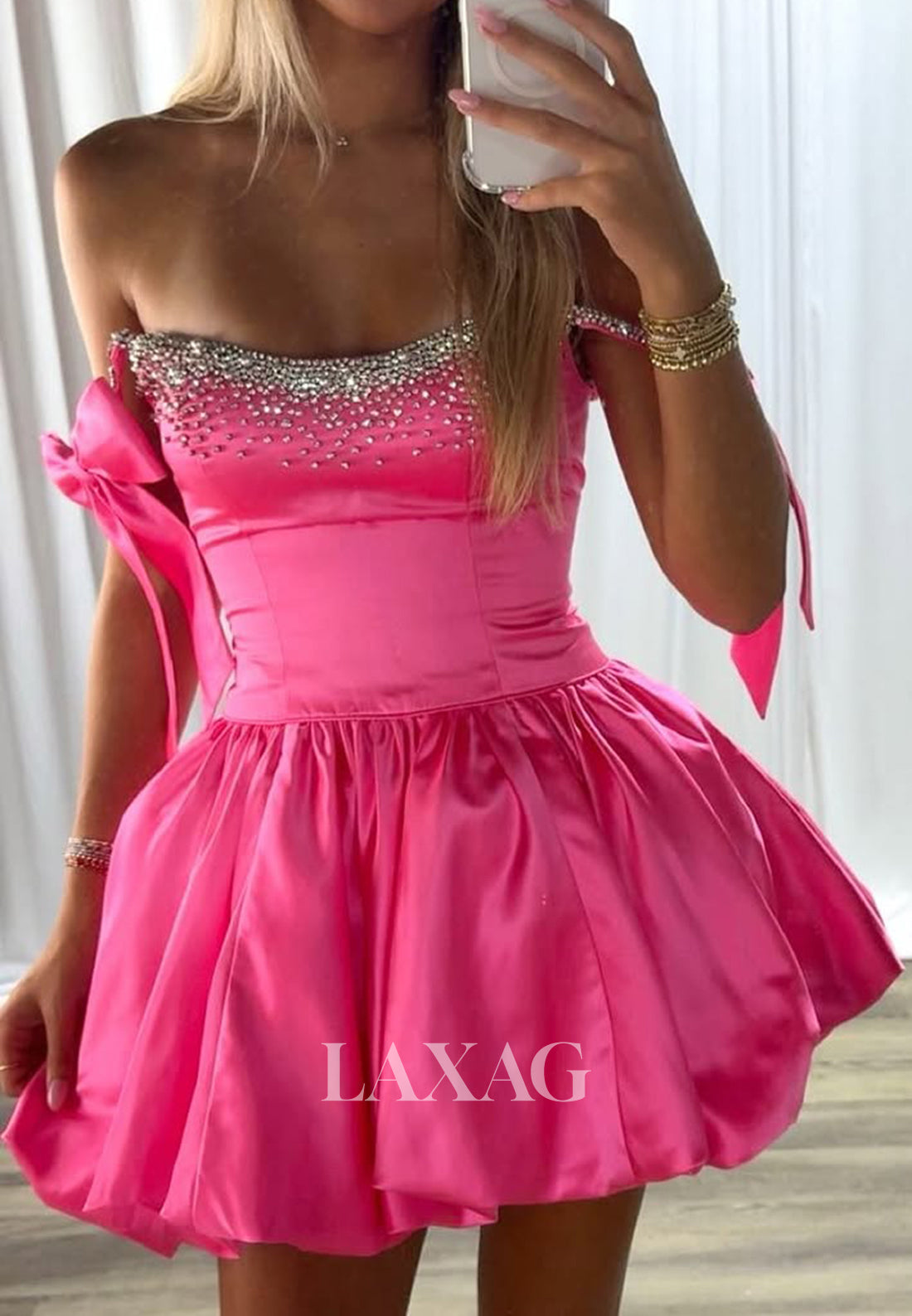 Beaded Scoop-Neck Off-Shoulder Sleeveless Pleated Satin A-Line Party Homecoming Dress