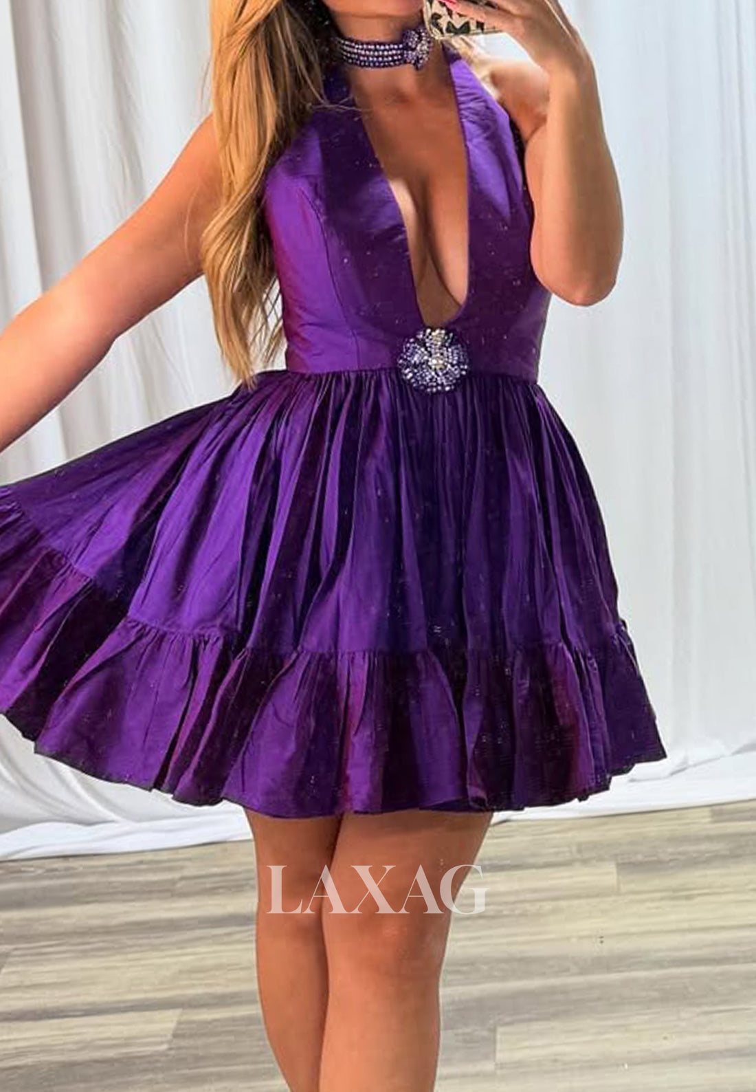 Deep V-Neck Off-Shoulder Sleeveless Beaded Pleated Satin A-Line Party Homecoming Dress