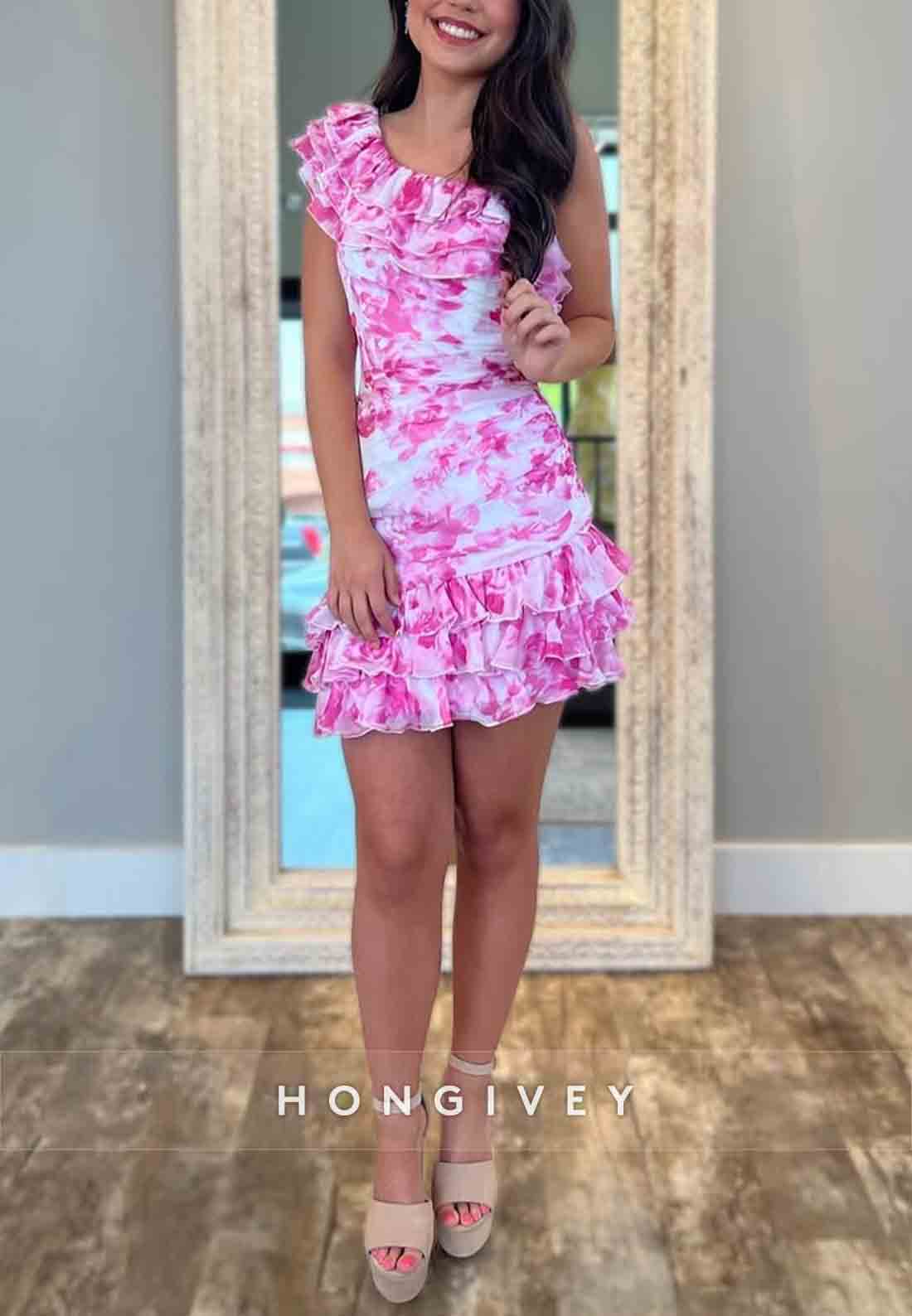 One Shoulder Floral Print Ruched Sheath Pleated Mini Homecoming Dresses
