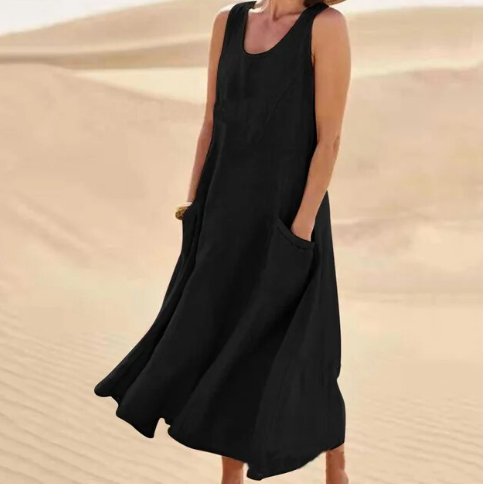 Scoop Neck Wide Strap Patch Pocket Diagonal A-Line Midi Dress - View 11