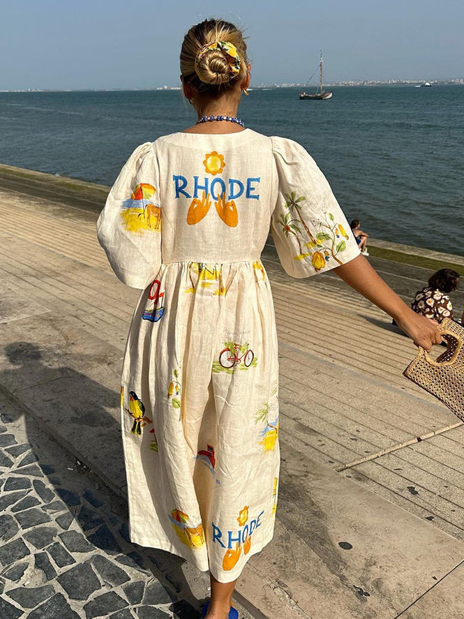 V-Neck Puff Sleeve Button Front Empire Waist Tropical Dress - View 4