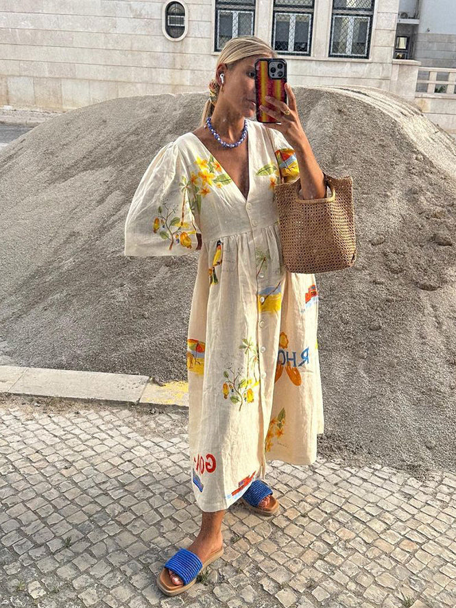 V-Neck Puff Sleeve Button Front Empire Waist Tropical Dress - View 3