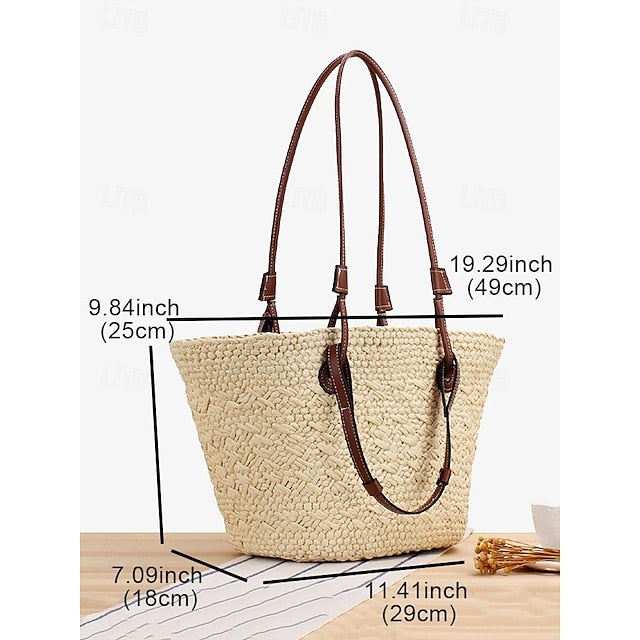 Tote Boho Leather Straps Large Bag Chic Straw with