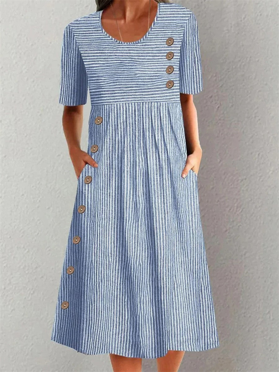 Striped Round Neck Button Front Midi Dress 2
