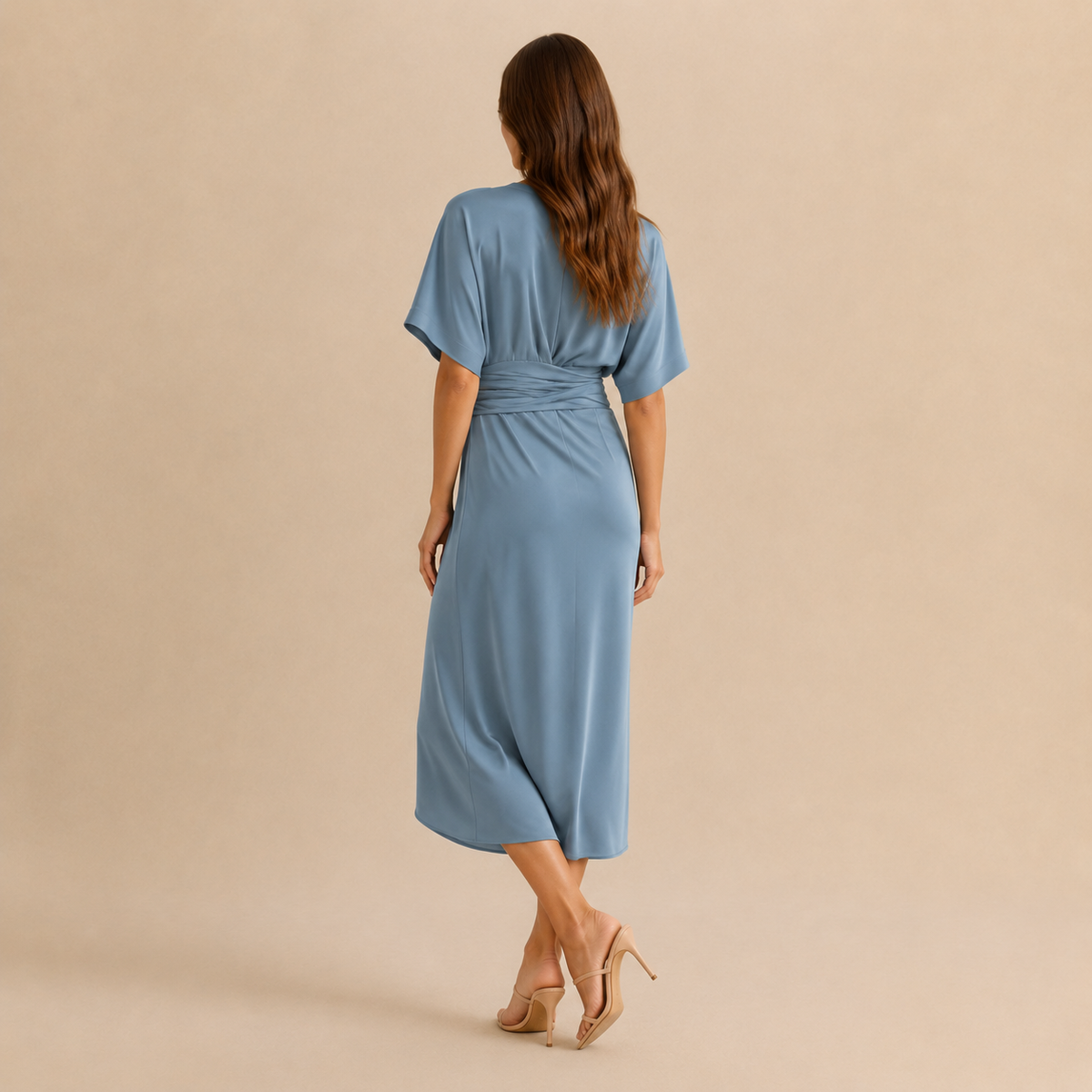 V-Neck Kimono Sleeve Twist Front Wrap Midi Dress 7