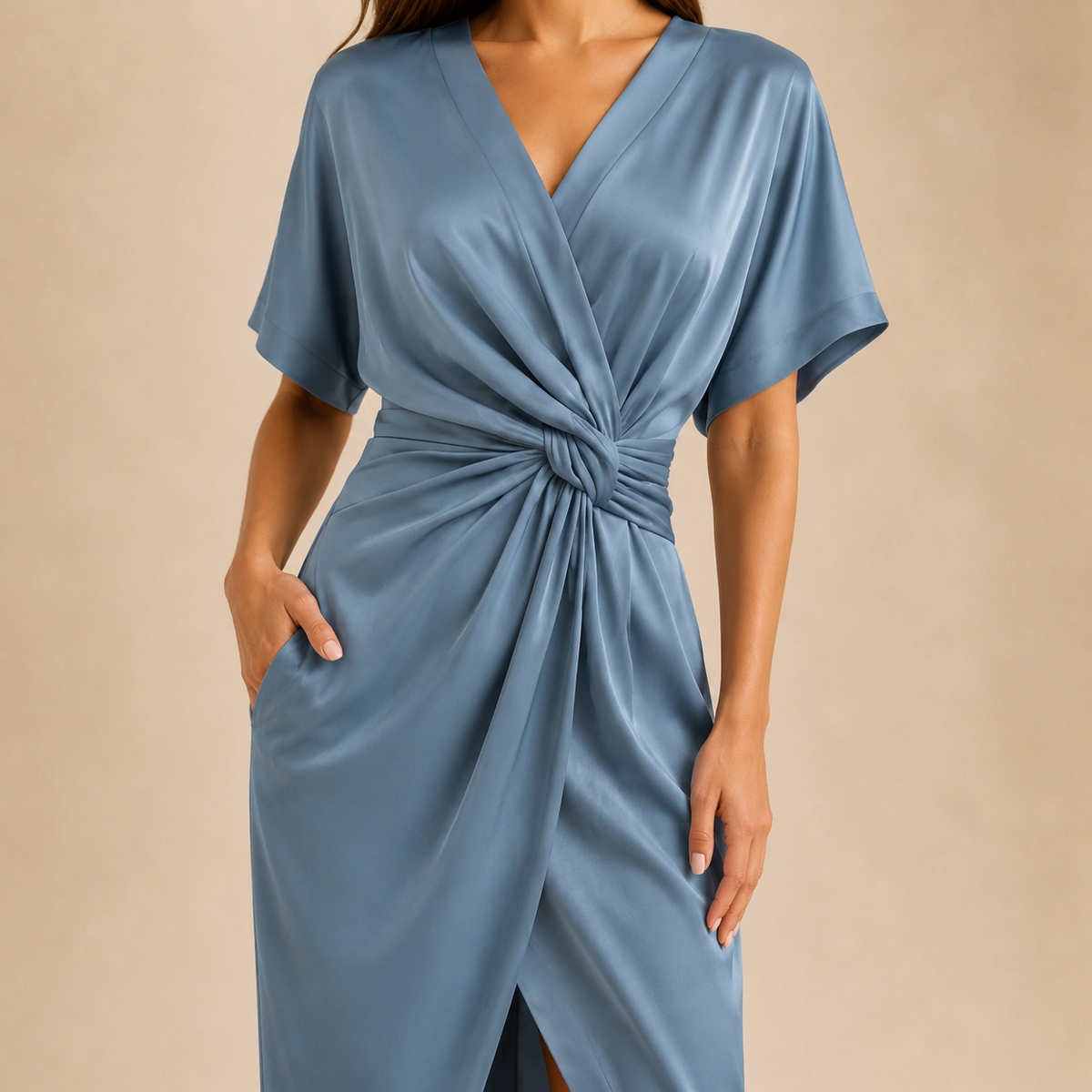 V-Neck Kimono Sleeve Twist Front Wrap Midi Dress 6