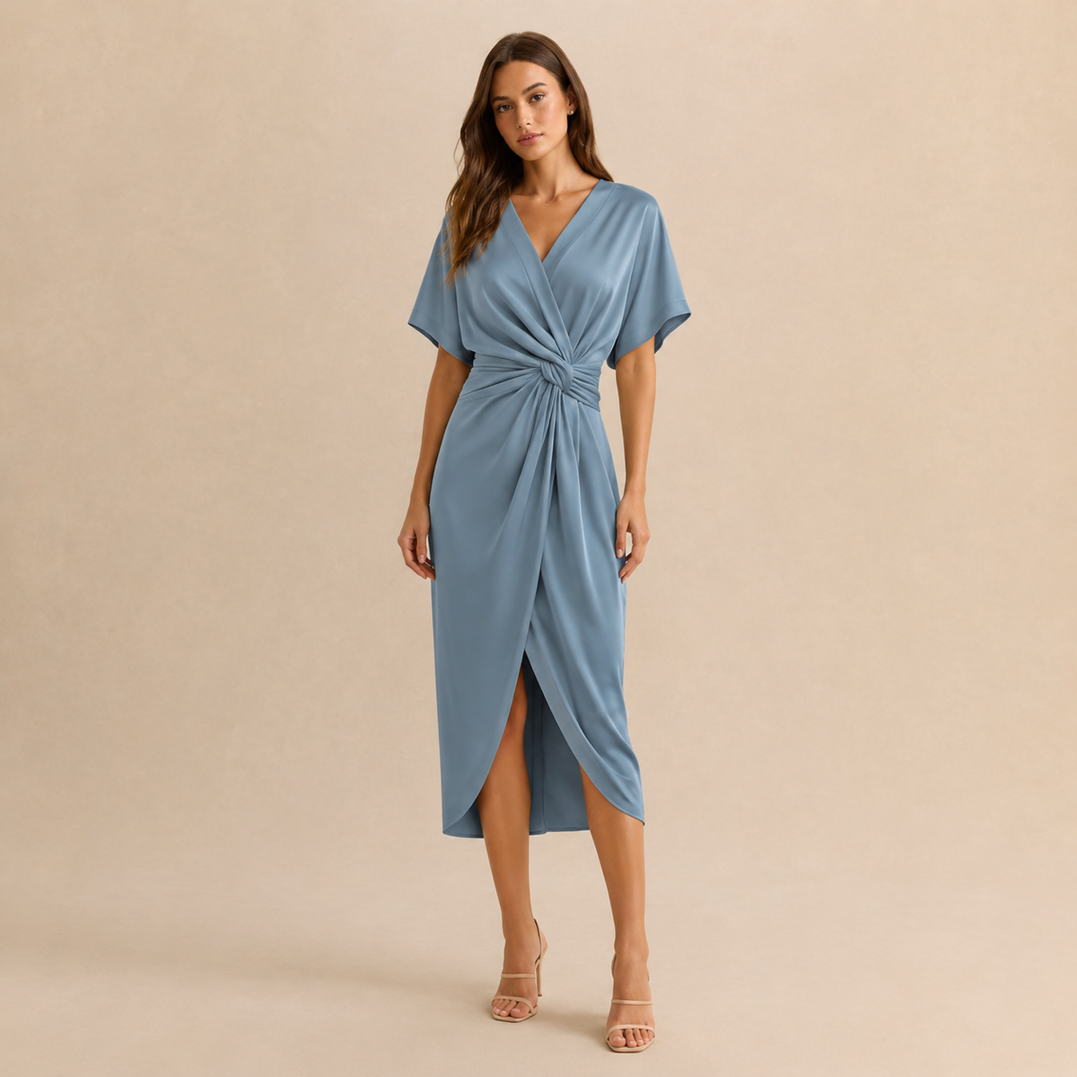 V-Neck Kimono Sleeve Twist Front Wrap Midi Dress 5