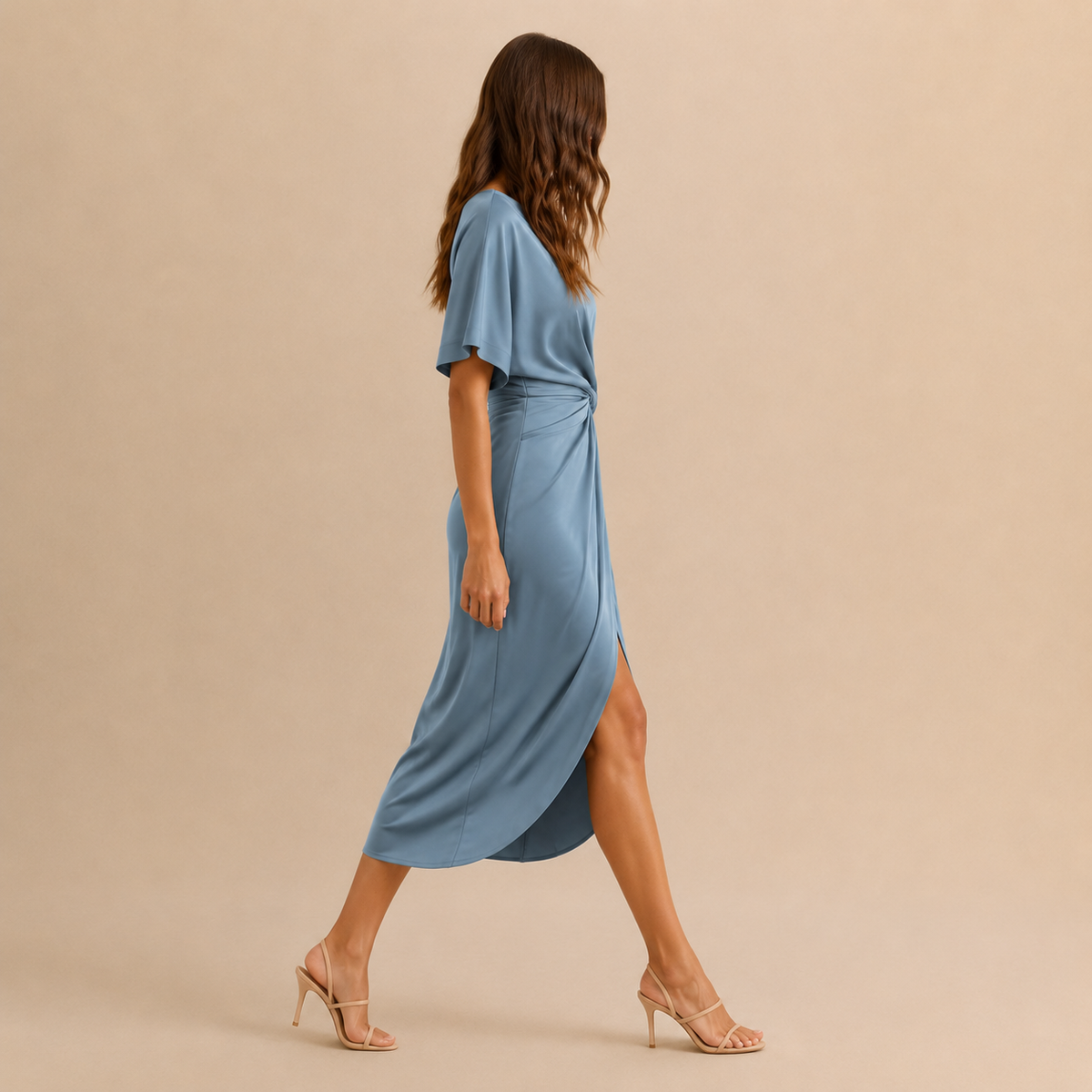 V-Neck Kimono Sleeve Twist Front Wrap Midi Dress 8