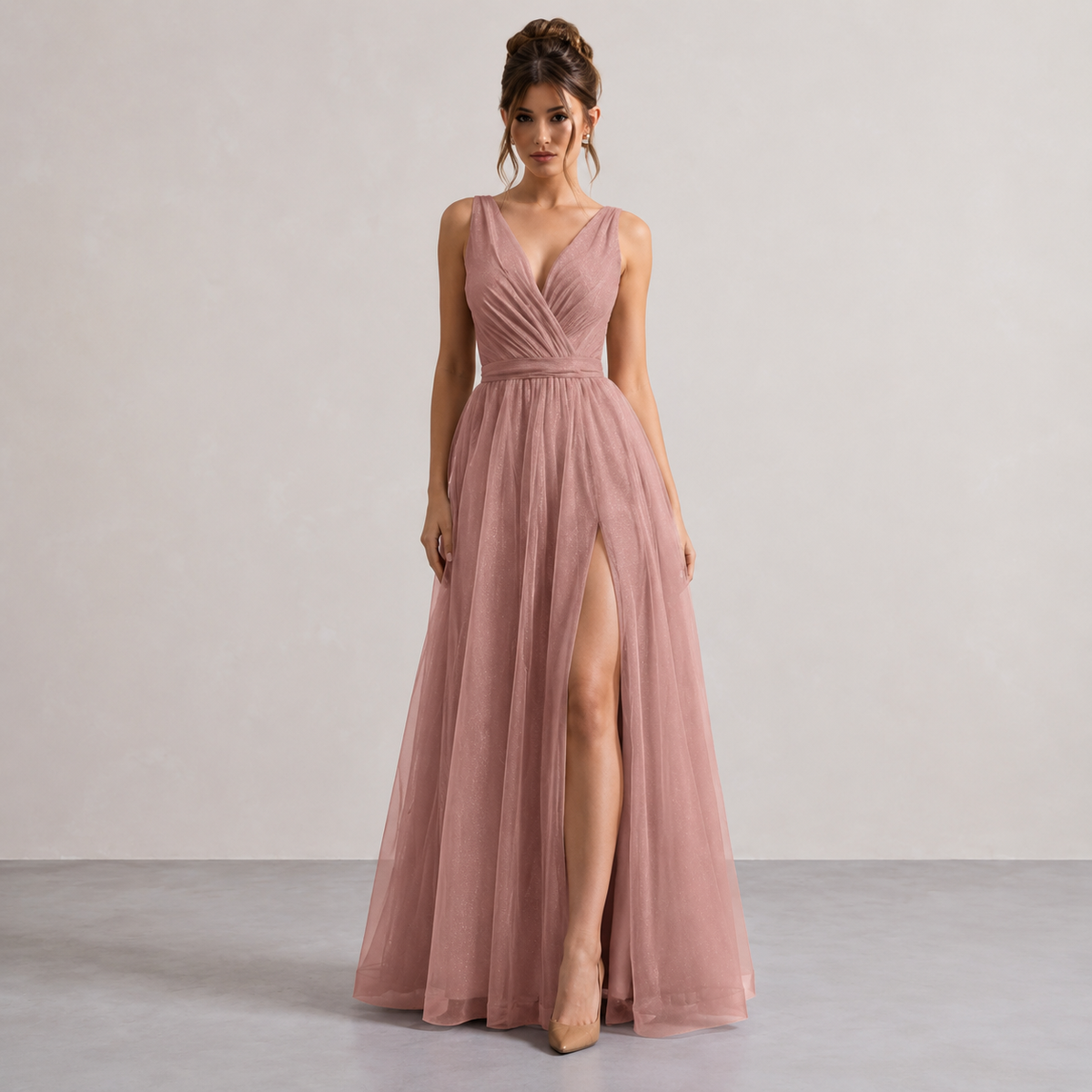V-Neck Sleeveless Glitter High Split A-Line Maxi Gown 7