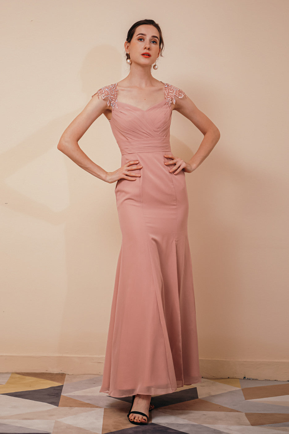 Dusty Pink Cap sleeves Chiffon Column Evening Dress