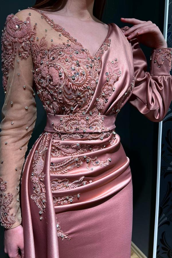 Dusty Pink Long Sleeves Evening Dress Mermaid Appliques With Beads - Fashionpara