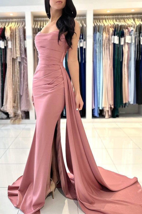 Dusty Pink Prom Dress Mermaid Strapless With Pleats Split - Fashionpara
