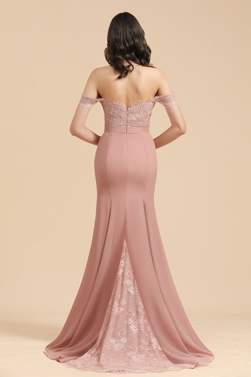 Dusty Rose Off-the-Shoulder Lace Bridesmaid Dresses - Fashionpara