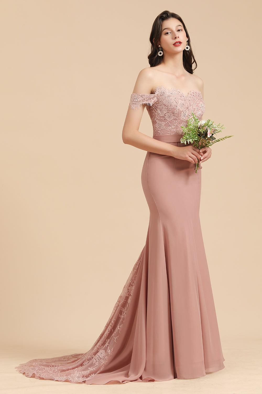 Dusty Rose Off-the-Shoulder Lace Bridesmaid Dresses - Fashionpara