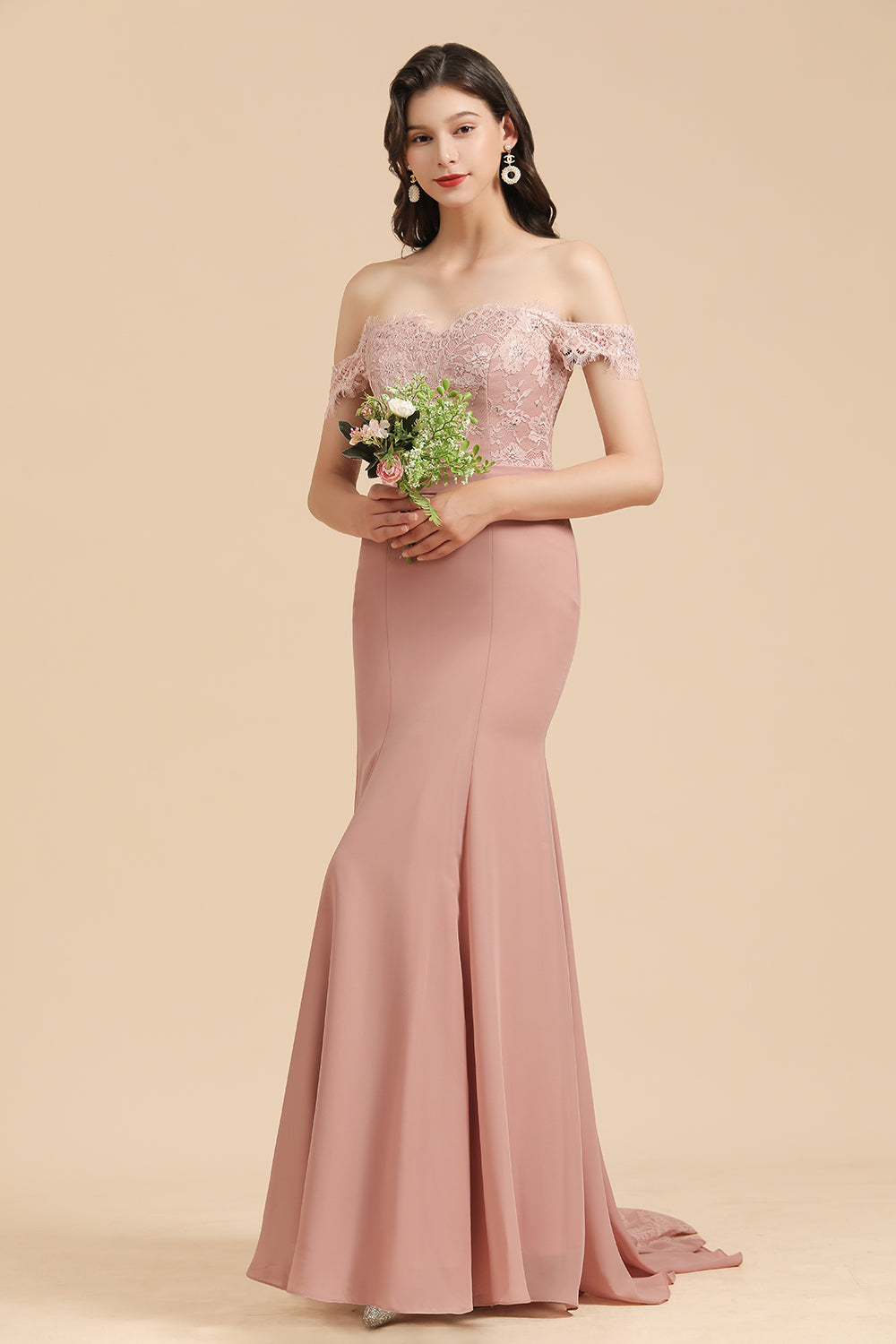 Dusty Rose Off-the-Shoulder Lace Bridesmaid Dresses - Fashionpara
