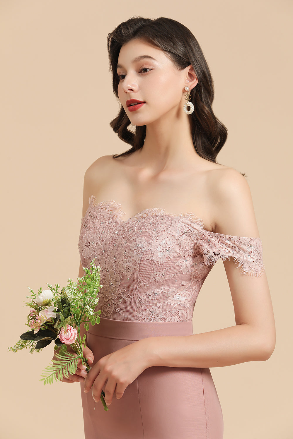 Dusty Rose Off-the-Shoulder Lace Bridesmaid Dresses - Fashionpara