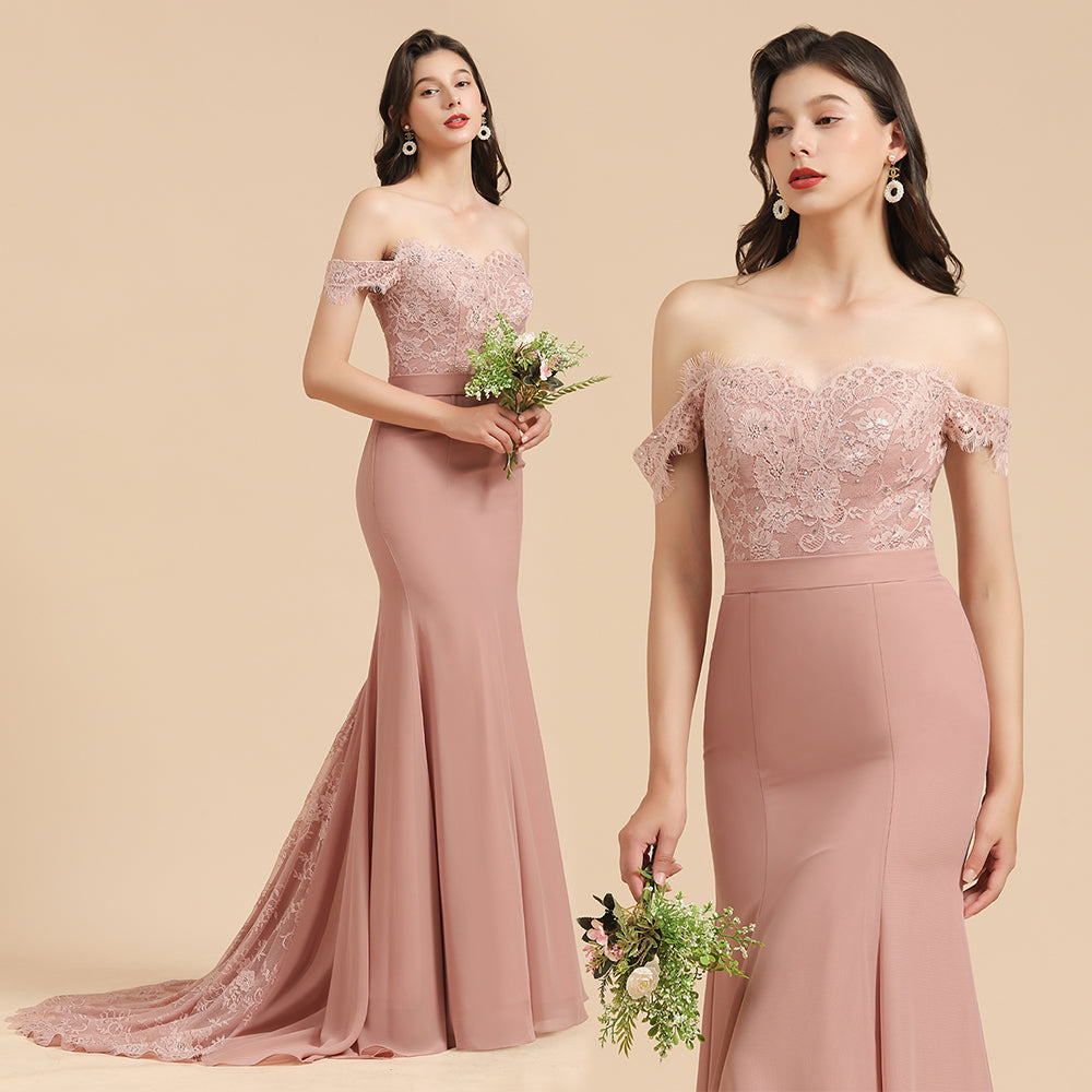 Dusty Rose Off-the-Shoulder Lace Bridesmaid Dresses - Fashionpara