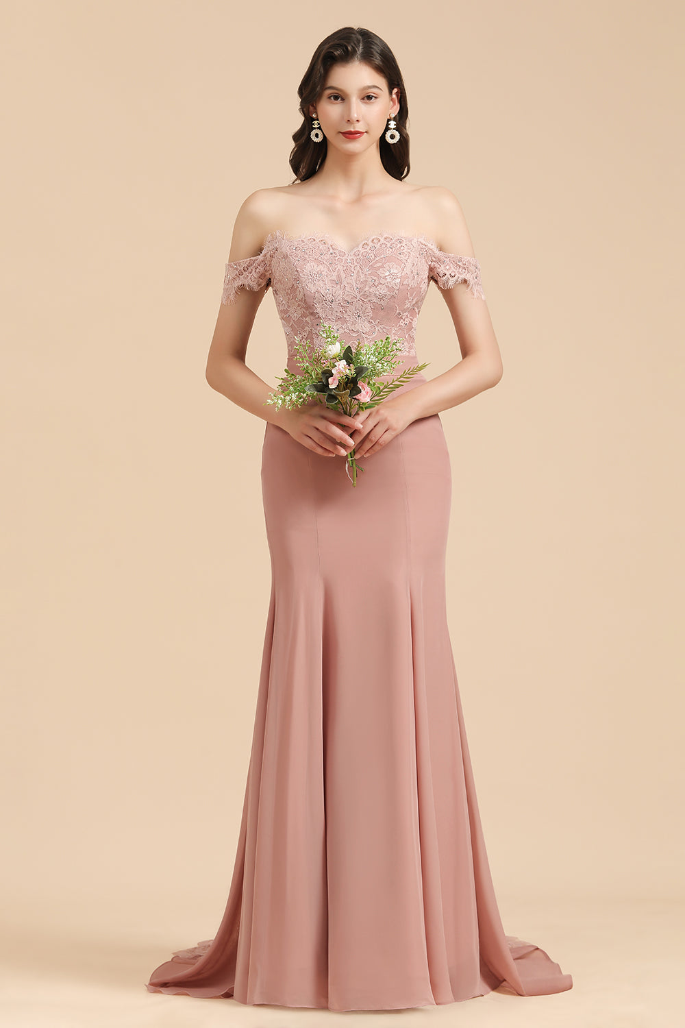 Dusty Rose Off-the-Shoulder Lace Bridesmaid Dresses - Fashionpara