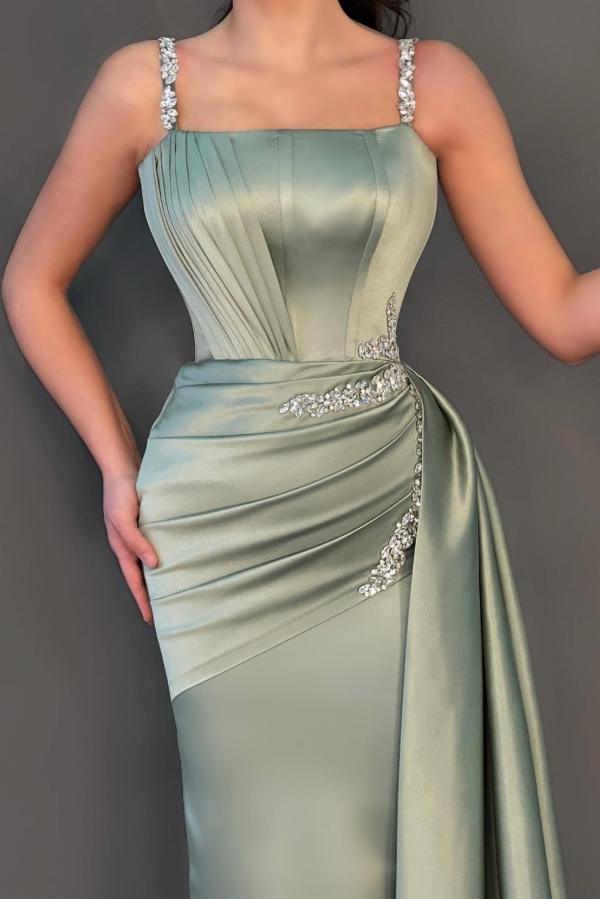 Dusty Sage Straps Prom Dress Mermaid Sleeveless With Beads - Fashionpara