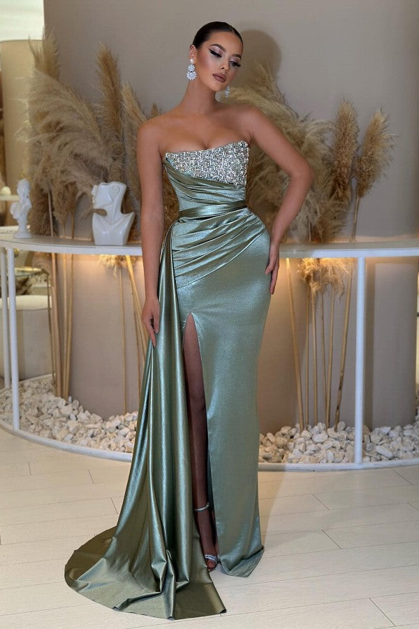 Dusty Sage Sweetheart Prom Dress Mermaid Slit Long With Beads - Fashionpara