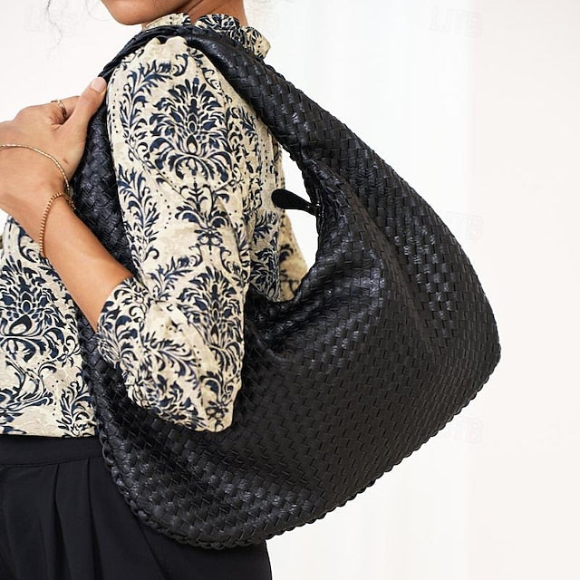 Chic Burgundy Hobo Woven Leather Bag Faux