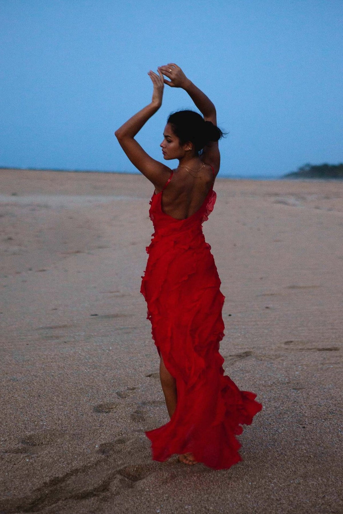 Chiffon Spaghetti Strap V Neck Ruffle Bias Maxi Dress