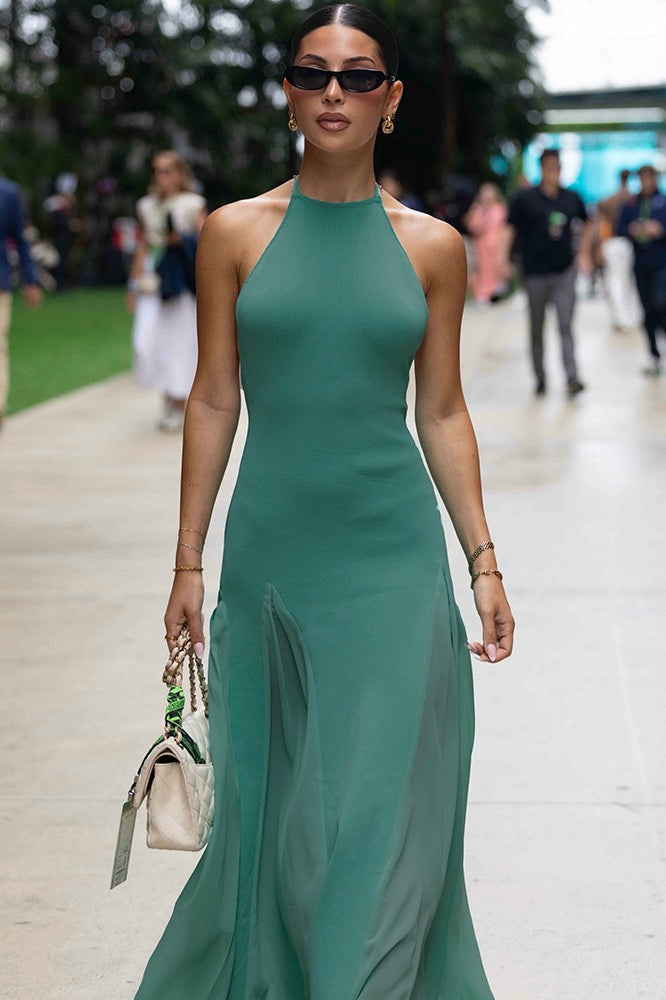 Halter Neck Open Back Sheer Panel Mermaid Gown 7