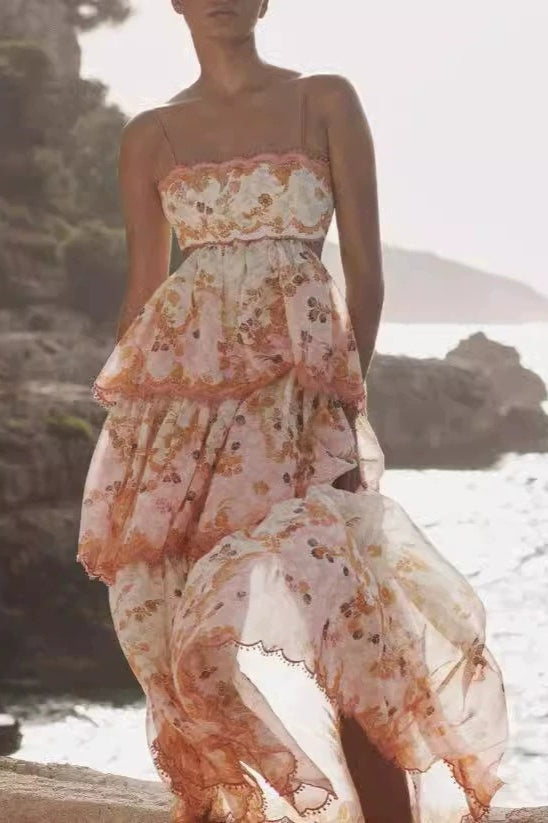 Floral Print Strappy Scalloped Tiered Maxi Dress