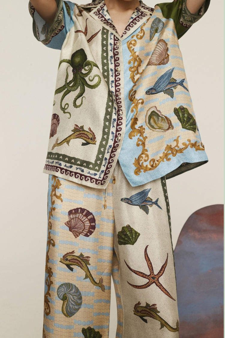 Deep Sea Dreaming Satin Unique Print Short Sleeve Shirt and Elastic Waist Pocketed Pants Set - Fashionpara