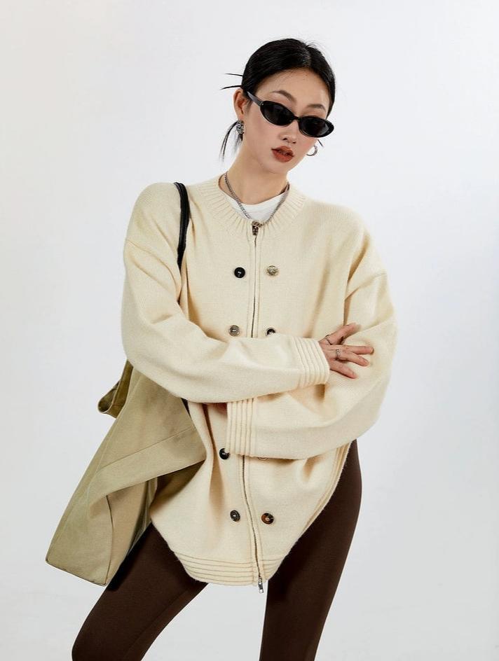 Ribbed Trim Oversized Button Zip Knit Cardigan