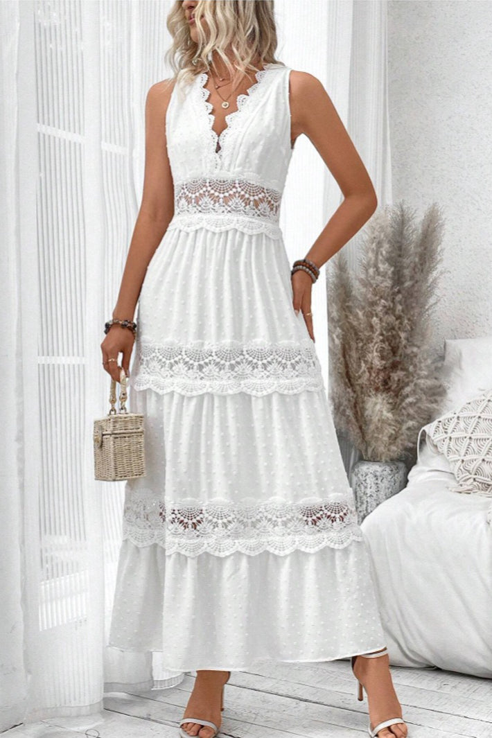 Lace Trim V-Neck Sleeveless Tiered Maxi Dress