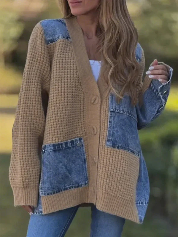 Stylish Denim Patchwork Knitted Loose Cardigan Jacket