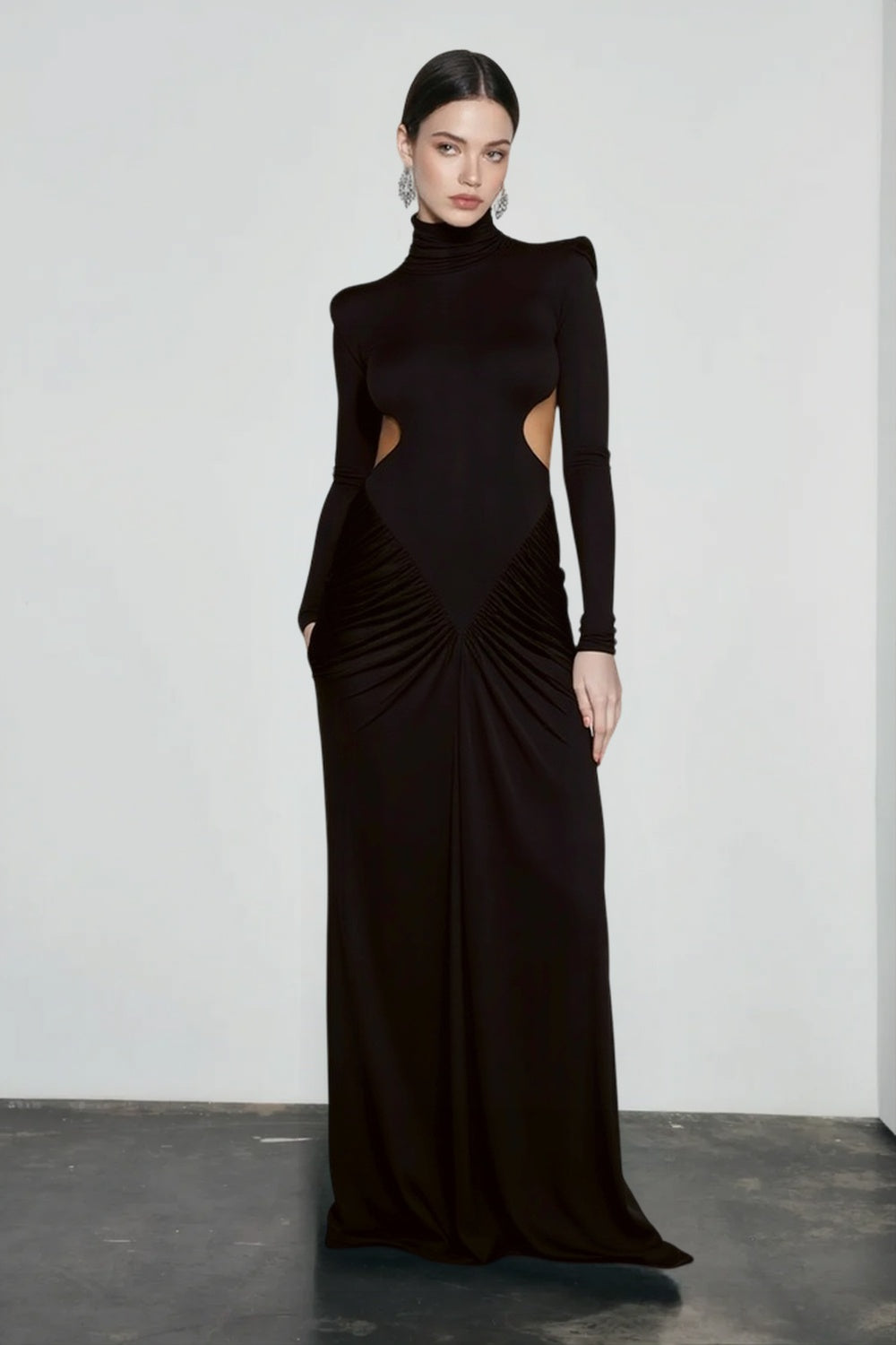High-Neck Long Sleeve Cutout Draped Jersey Maxi Dress