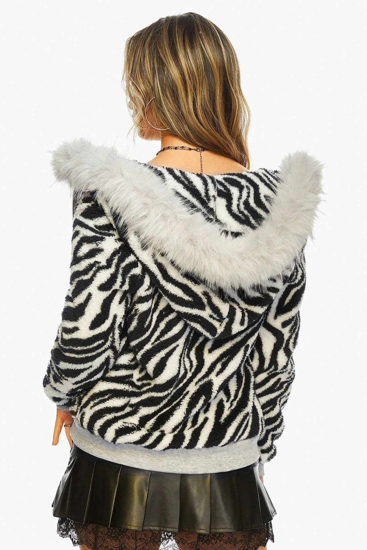 Zebra Faux Fur Trim Zip Hoodie