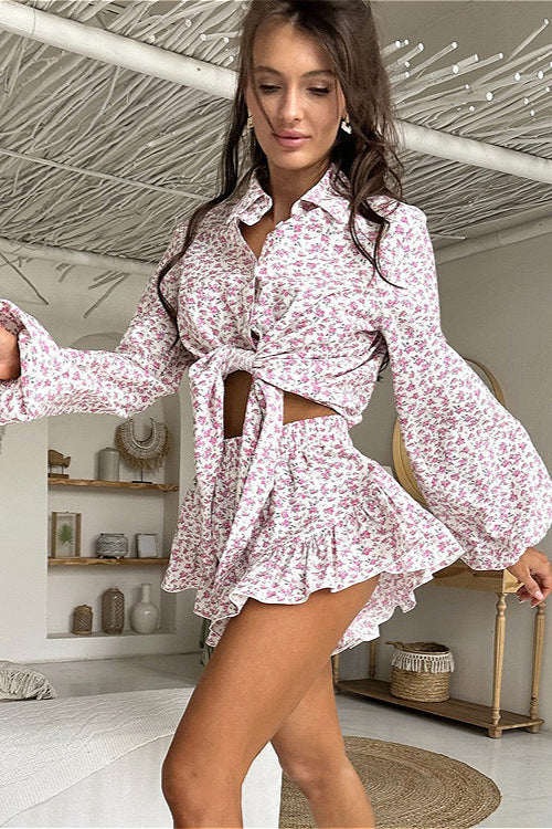 Long Sleeve Floral Collar Flip Shirt Ruffled Shorts Two Piece Set