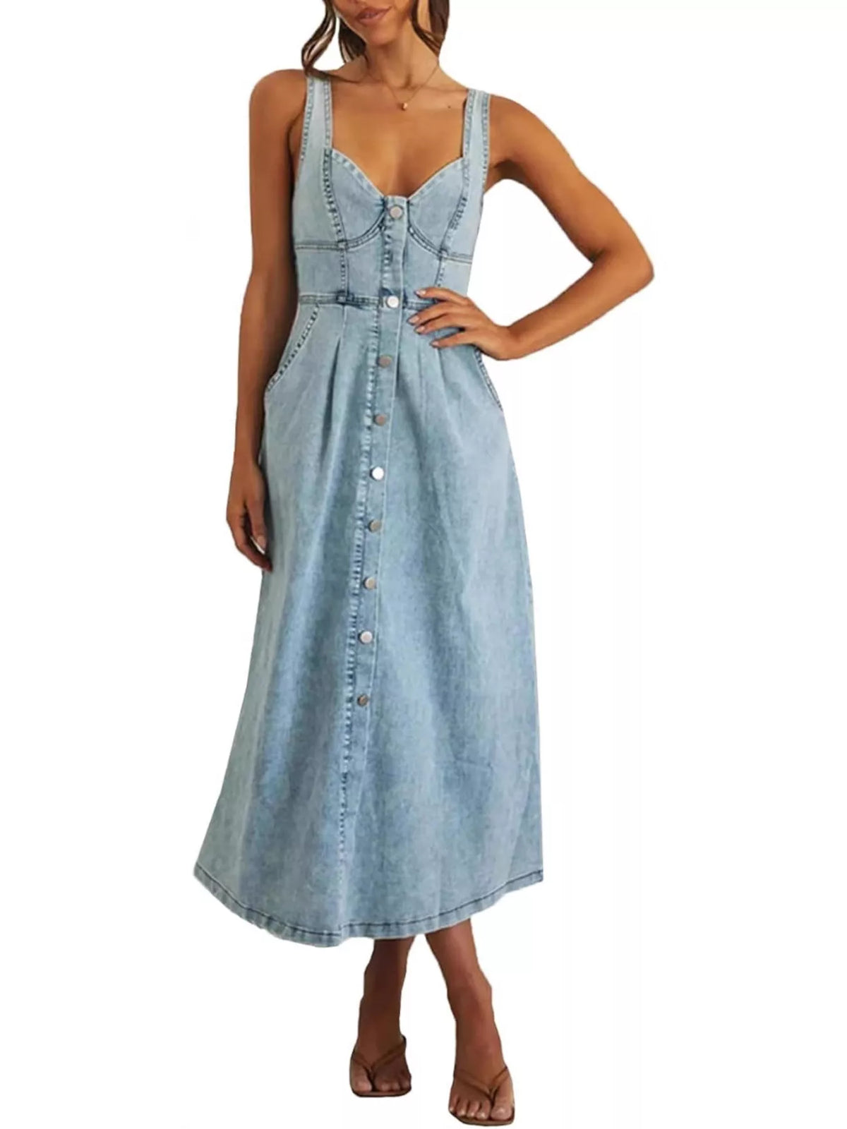 Sweetheart Neck Button Front Denim Look Midi Dress