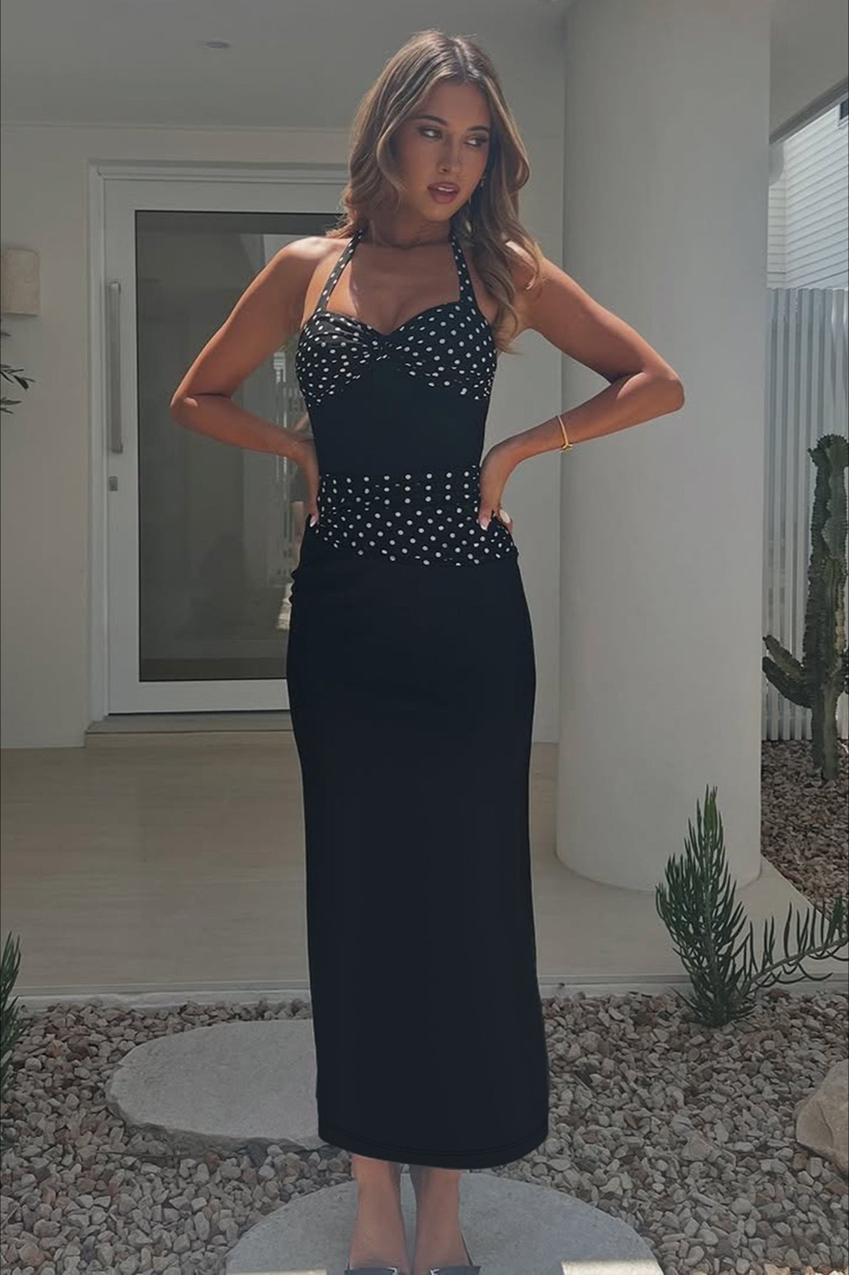 Polka Dot Halter Sweetheart Bodycon Maxi Dress