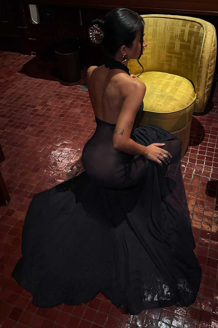 Halter Neck Ruched Mesh Mermaid Maxi Gown 4
