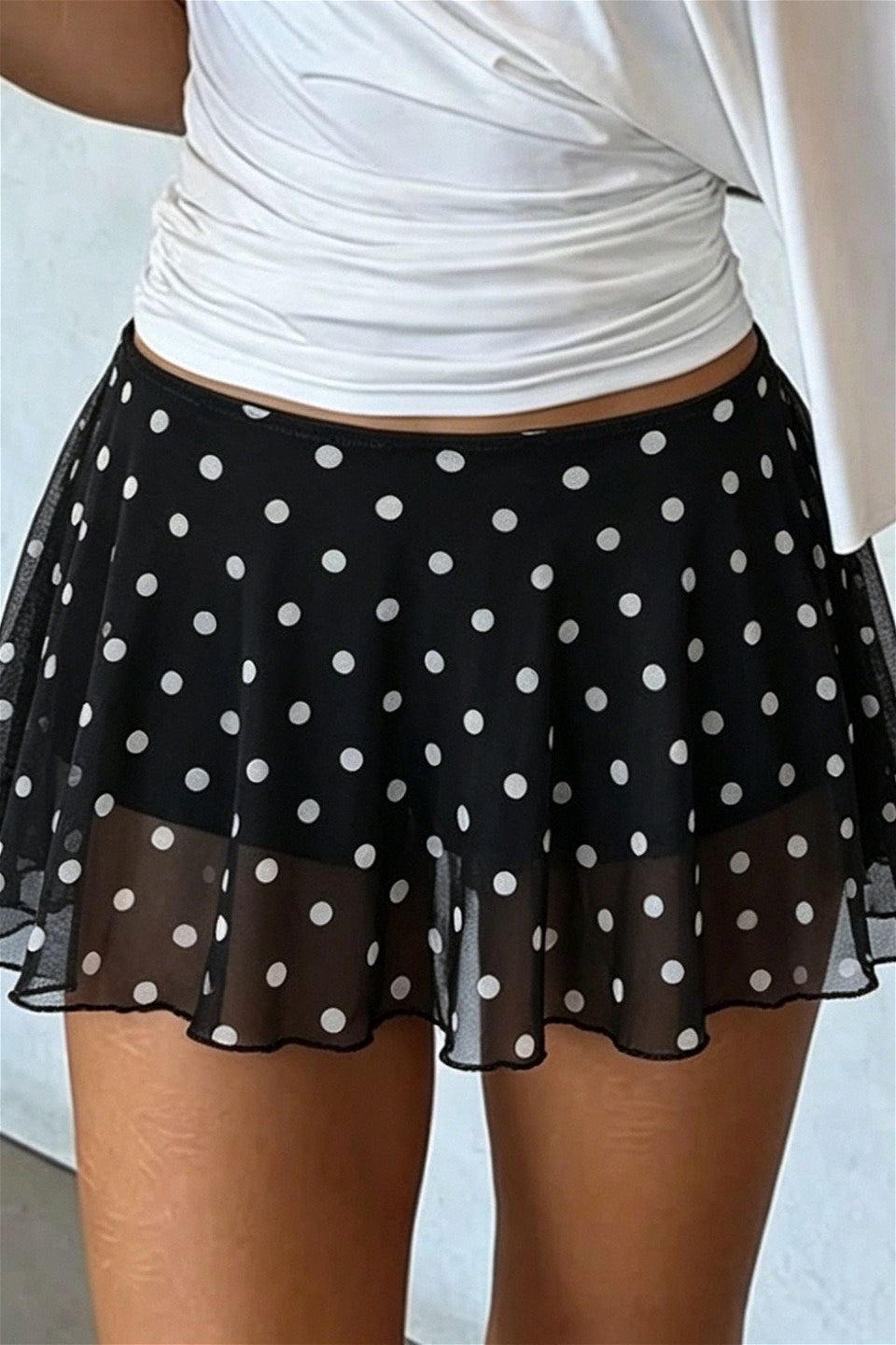 Sheer Ruffle Polka Dot Mini Skirt