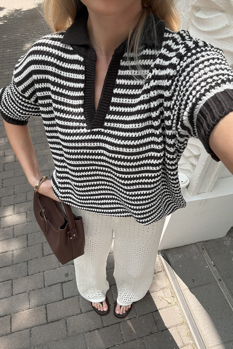 Striped Open Collar Short Sleeve Knit Sweater 2