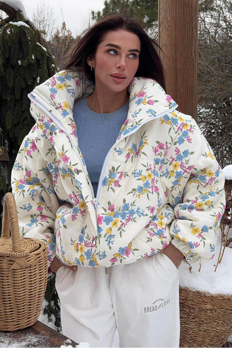 Printed Quilted Stand Collar Coat