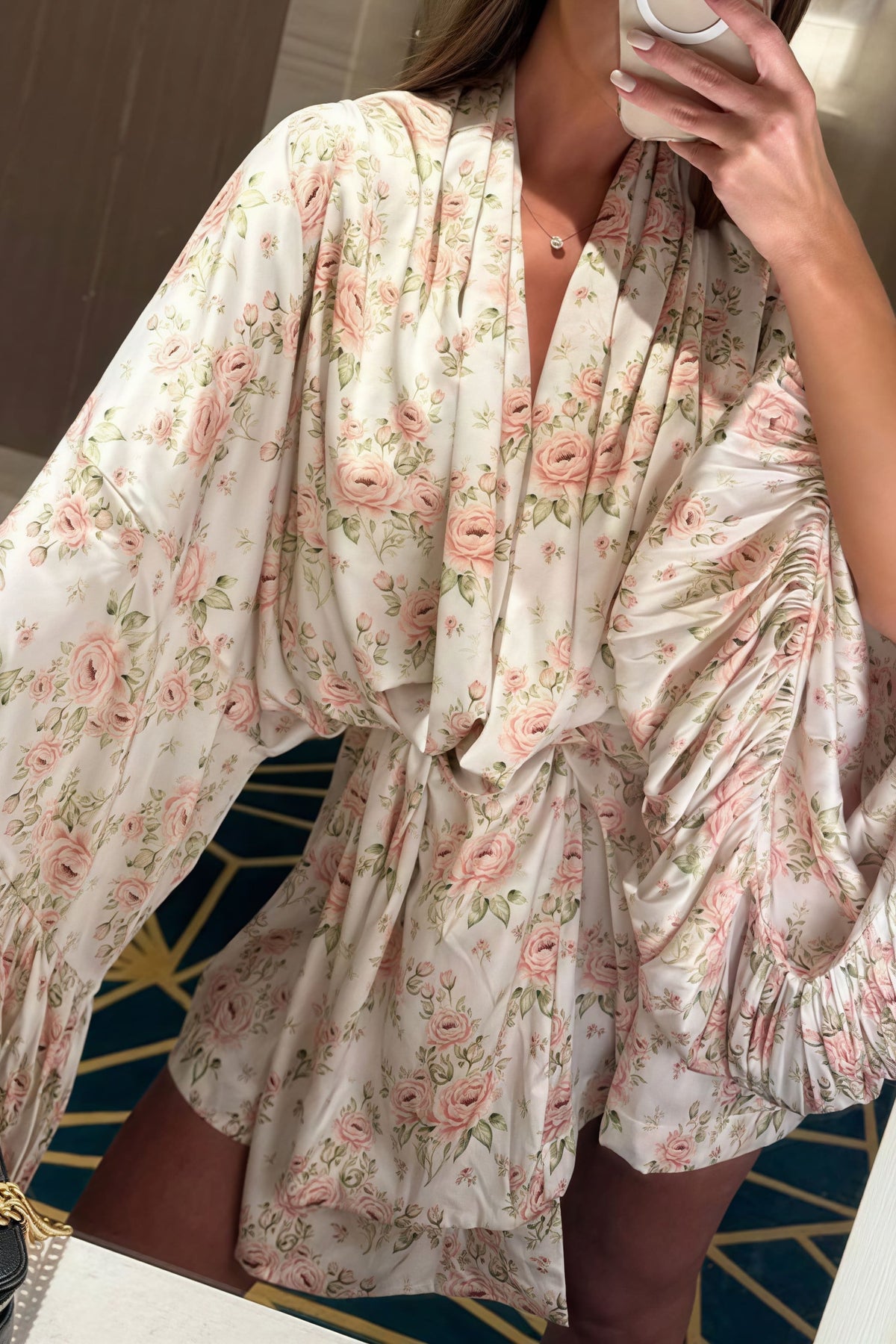 Rose Floral Satin Wide Sleeve Wrap Dress