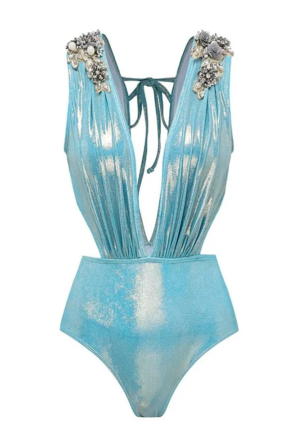 Solid Color Shiny Fabric Deep V Metal Embellished Stretch One-piece Swimsuit - Fashionpara