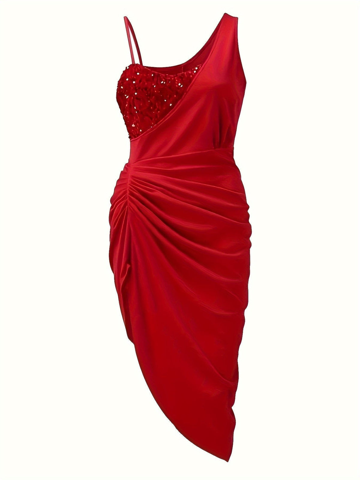 Sequin Panel One Shoulder Asymmetric Ruched Cocktail Midi Dress - View 3