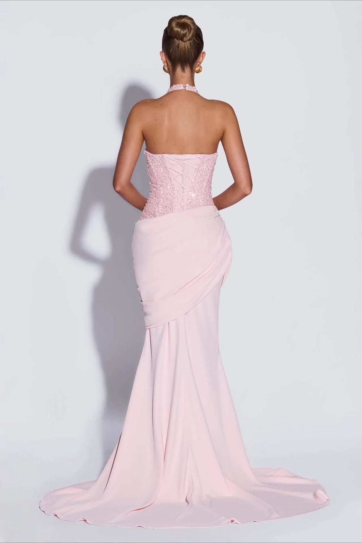 Sequin Bodice Halter Plunge Draped Mermaid Gown