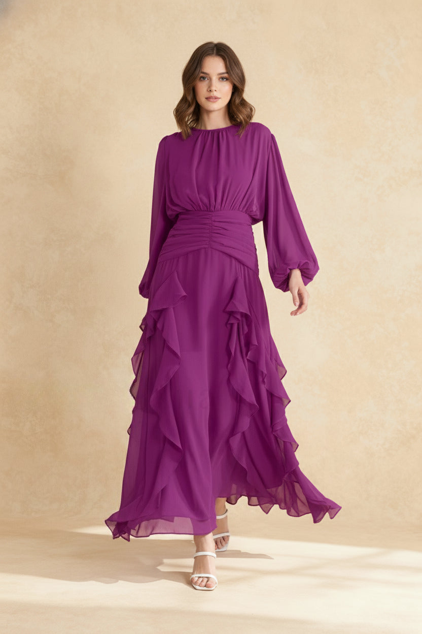 Chiffon Crew-Neck Long Sleeve Ruffle Maxi Dress